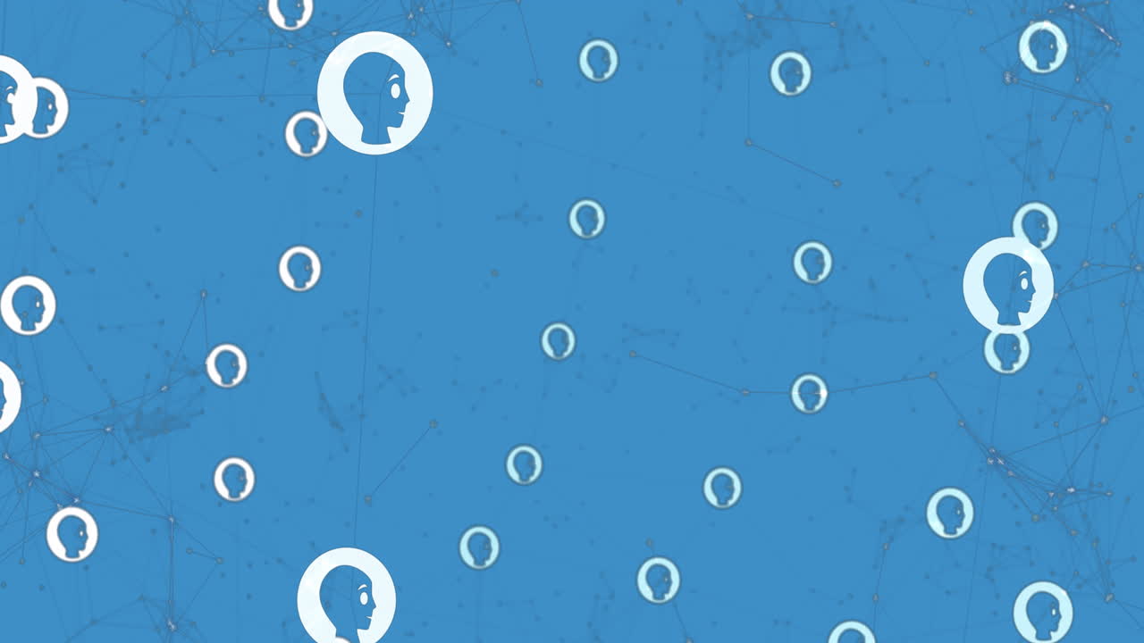 복사 공간과 함께 파란색 배경에 대한 연결 네트워크와 프로필 아이콘의 애니메이션
