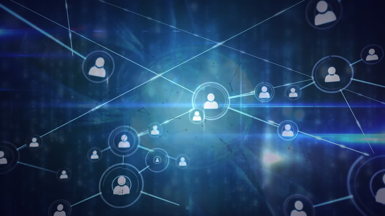 Animation of network of profile icons over light trails and spots against blue background