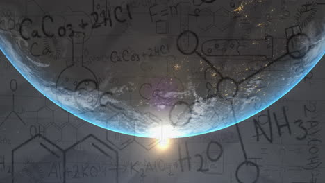 animation of chemistry data and drawings over globe and sun shining