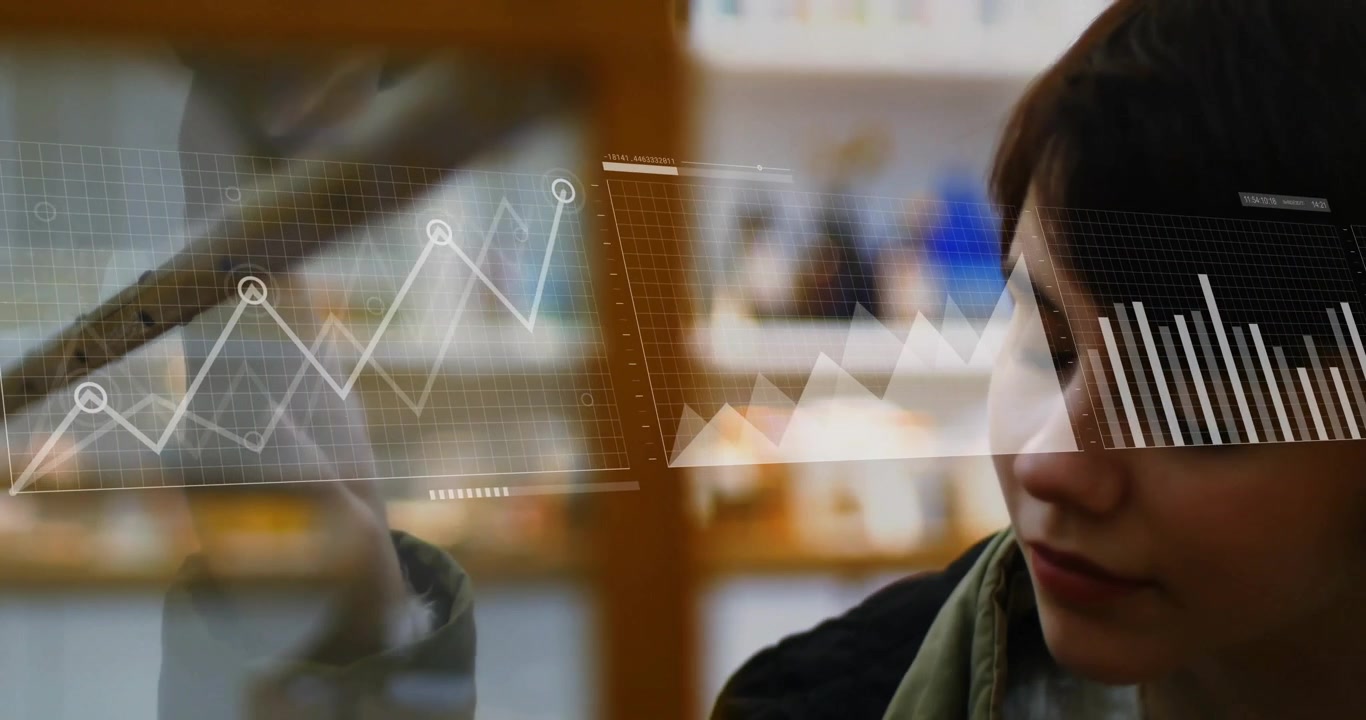 Researcher in lab stepping at railing analyzing charts evolving into bar graphs and world map