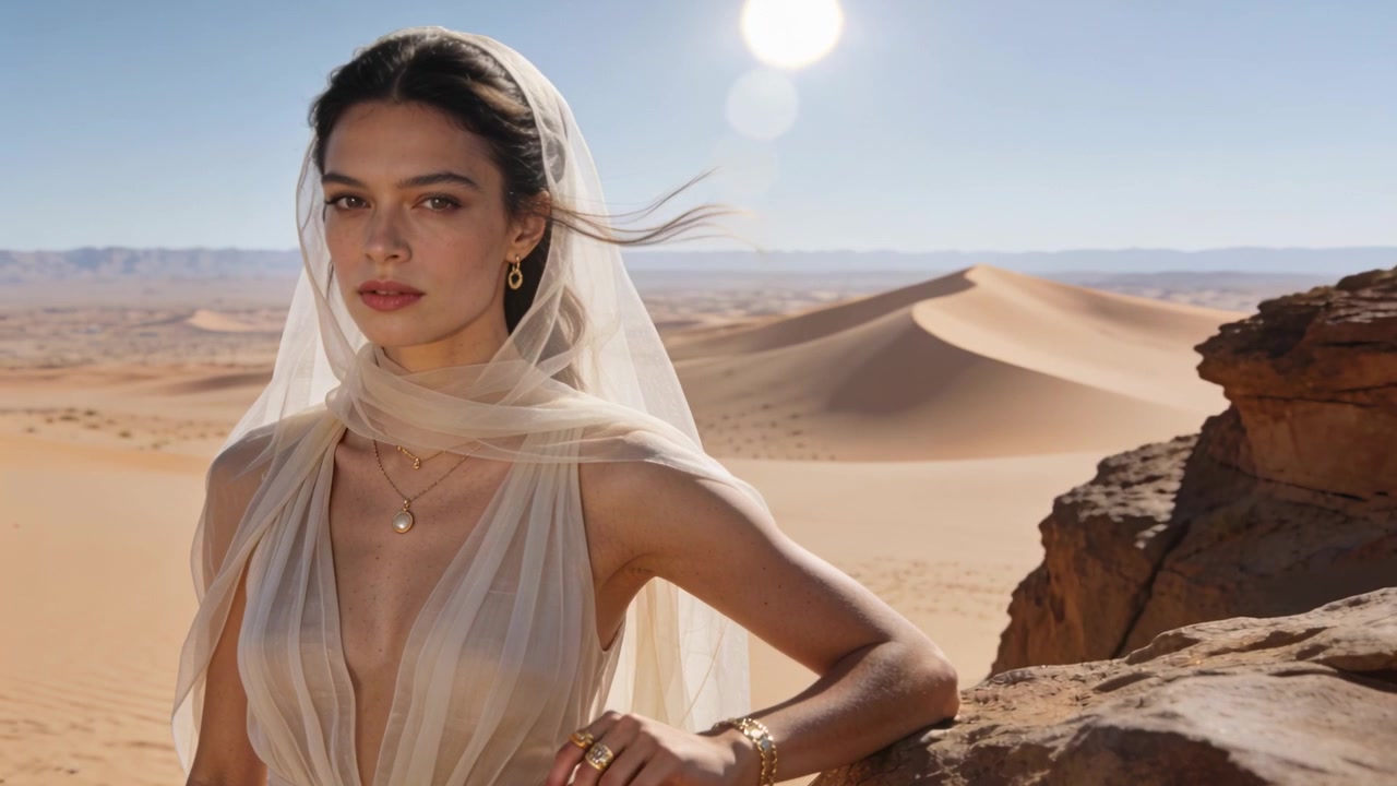 Vento che solleva il velo, modella che si appoggia a una sporgenza nel deserto, girando la testa e posando per la fotocamera, con i gioielli che brillano.