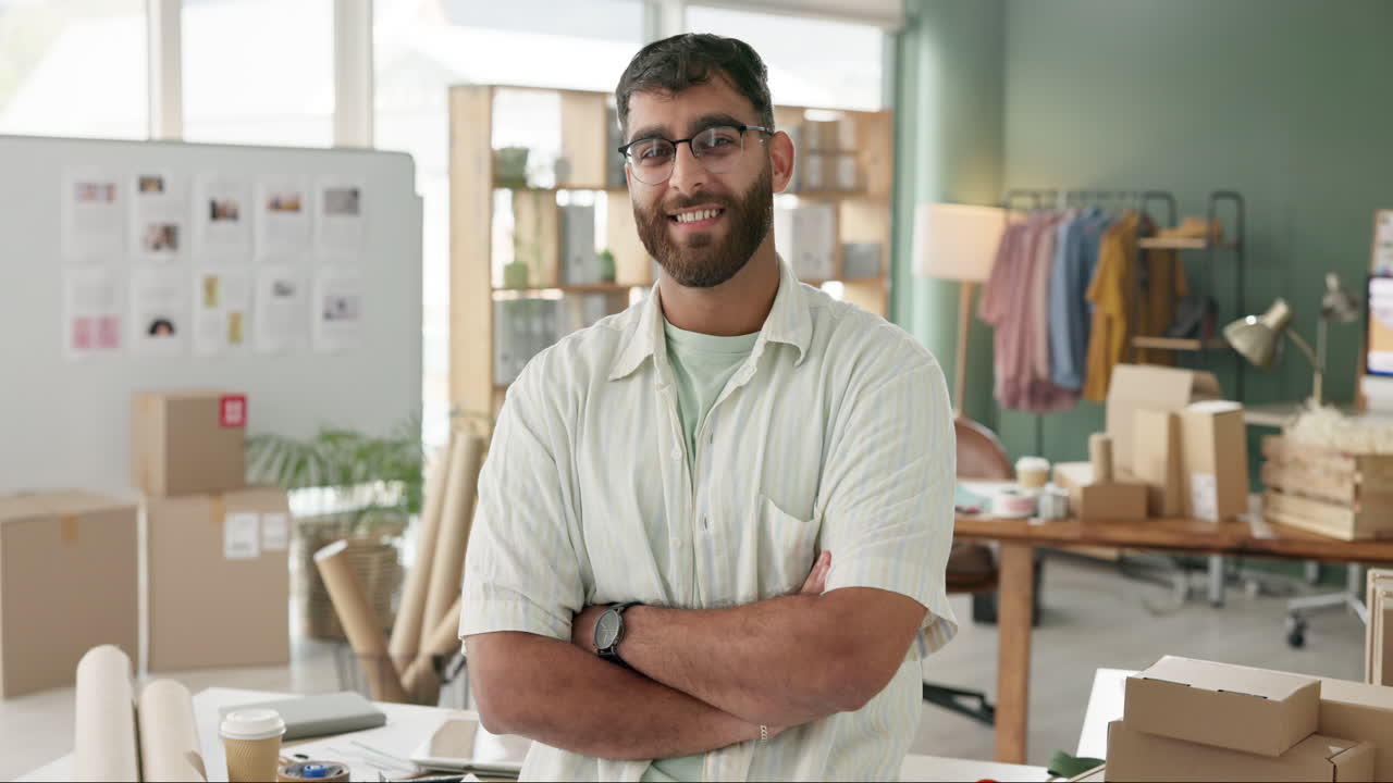 Portrait of a small business owner in his office surrounded by boxes