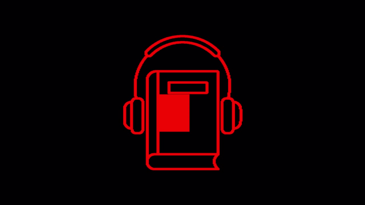 Icona animata rossa di audiolibro con cuffie e altoparlante