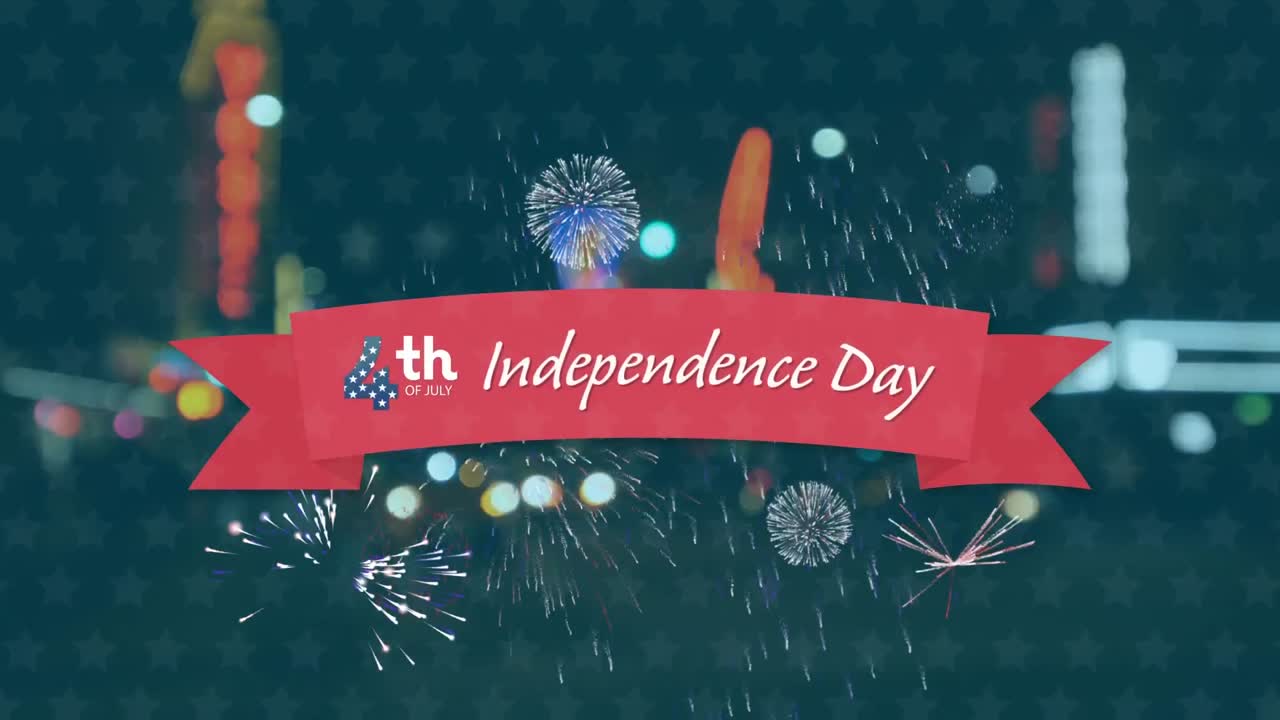 7월 4일 독립기념일의 디지털 복합 비디오 배경으로 도시 풍경에 대한 텍스트