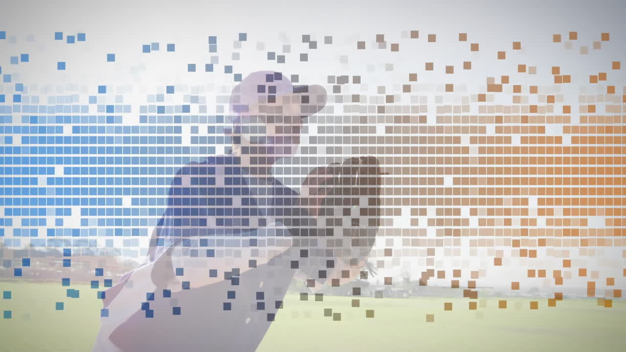 Teen female baseball player holding glove and taking ready stance on field, showcasing pixel mosaic