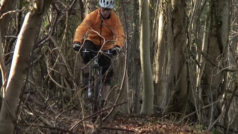 Low-angle-of-male-mountain-biker-negotiating-dense-trail,-towards-and-away-from-camera-on-a-sunny-afternoon