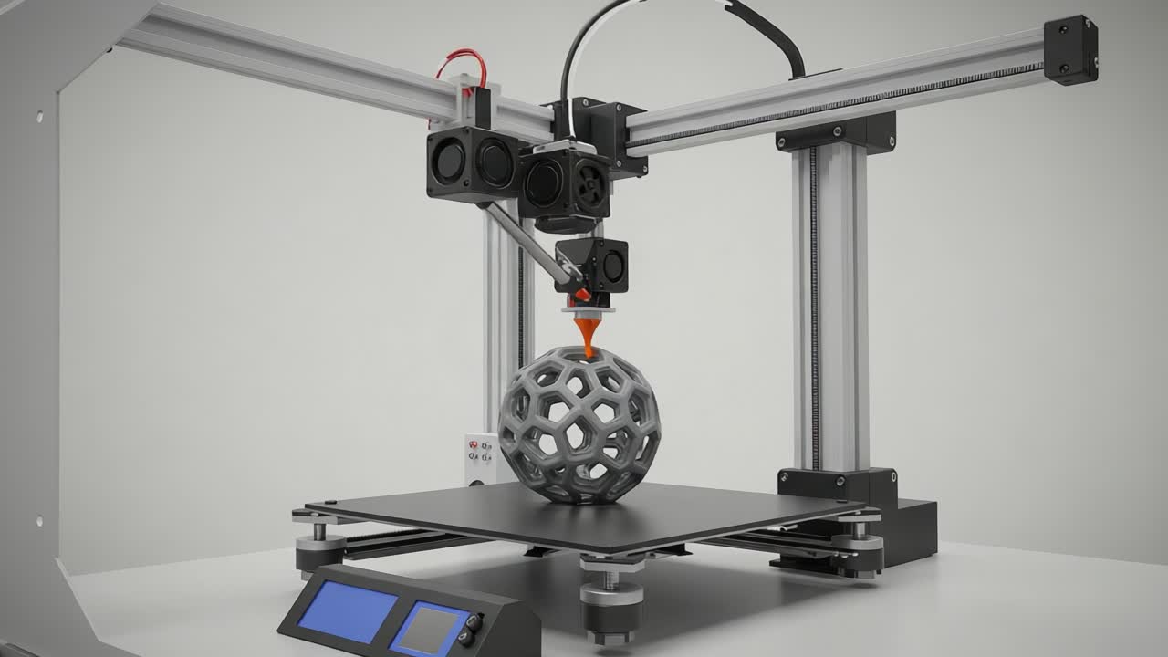 Innovative 3D Printing Process Showcased: High-Tech Printer in Action Creating Intricate Geometric Sphere with Precision and Detail