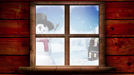 animation of winter christmas scene with house and waving snowman seen through window