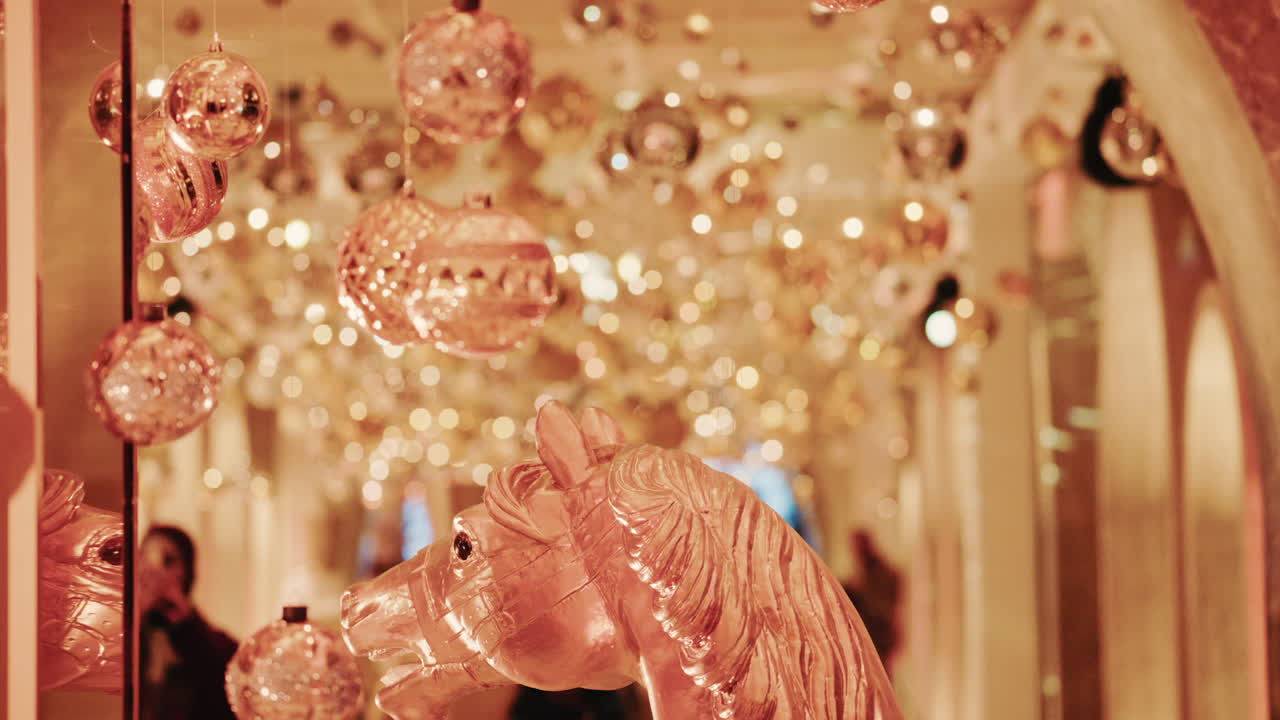 Elegant close-up of a decorative horse statue displayed inside a warmly lit hallway filled with golden holiday lights and ornaments
