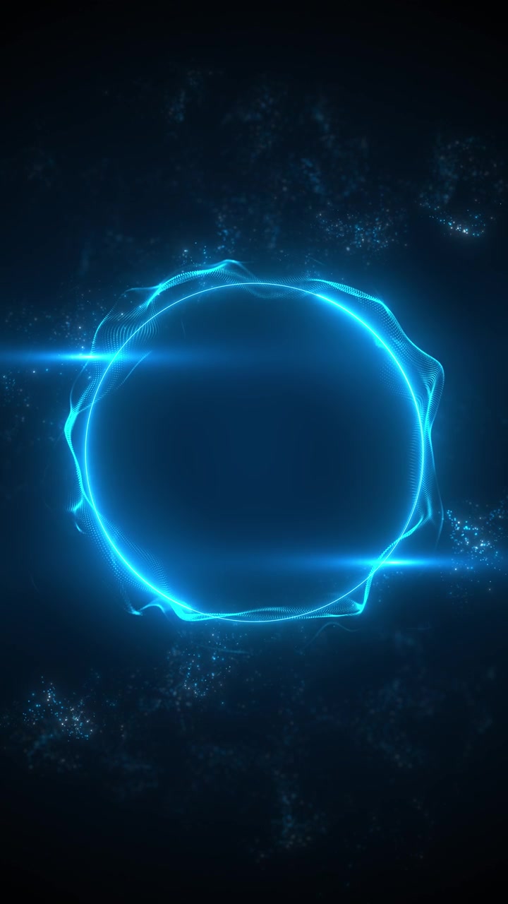 Sovrapposizione di portale a sfera futuristico ciano, con onde di rete luminosa ad anello radiante, particelle blu e spazio scuro.