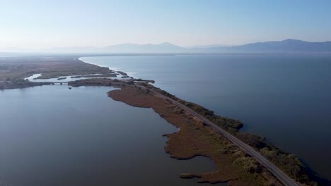 Aerial-Panoramic-Shot-of-Porto-Lagos,-Lake-of-Vistonida-Drone-Footage