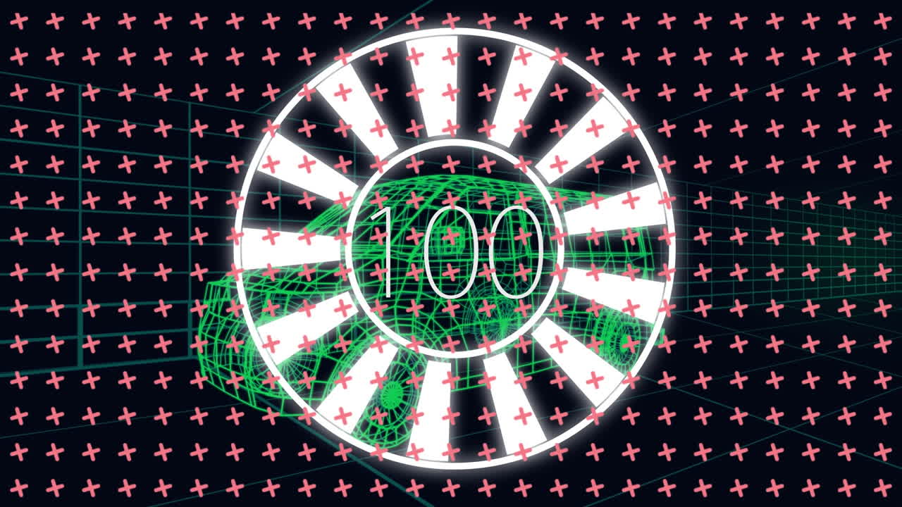 анимация форм и круга с растущим числом над цифровым фургоном на черном фоне.