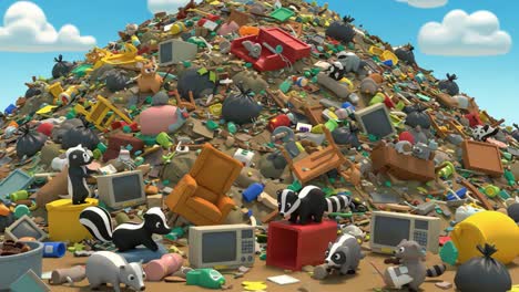 a cartoonish depiction of a garbage dump overflowing with debris, featuring numerous animated animals navigating through the waste and scavenging for food