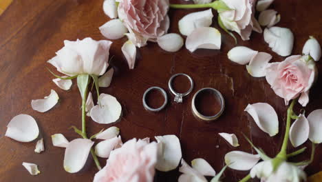 close-up of wedding rings with rose petals