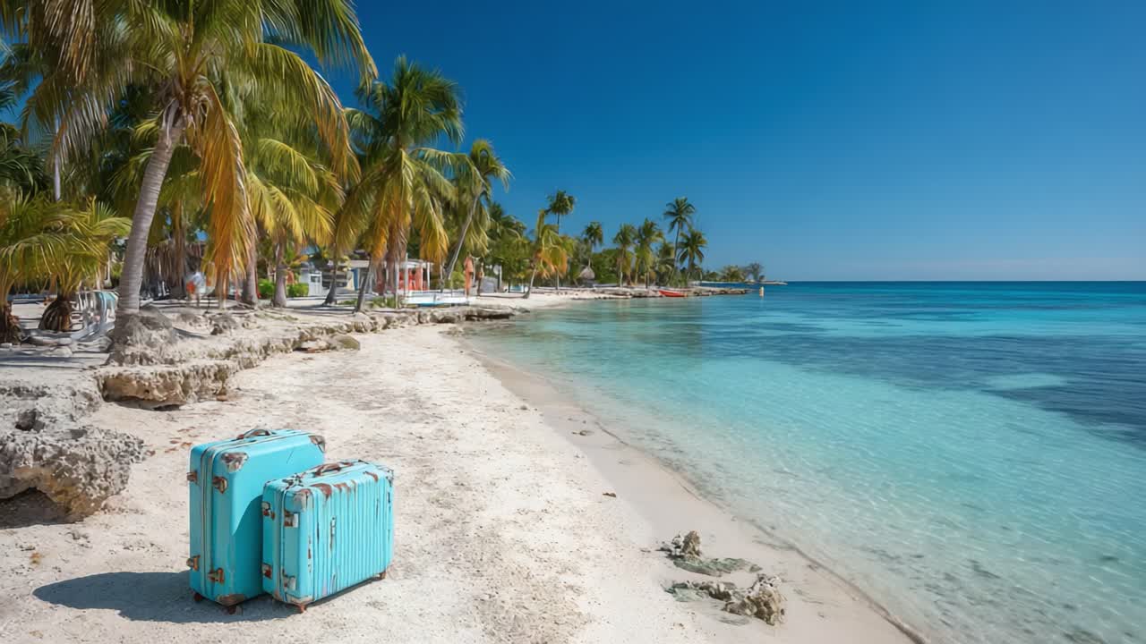 Una tranquilla scena sulla spiaggia mostra acque turchesi scintillanti e palme, con un elegante bagaglio in attesa dell'avventura di una vita sotto un cielo blu brillante