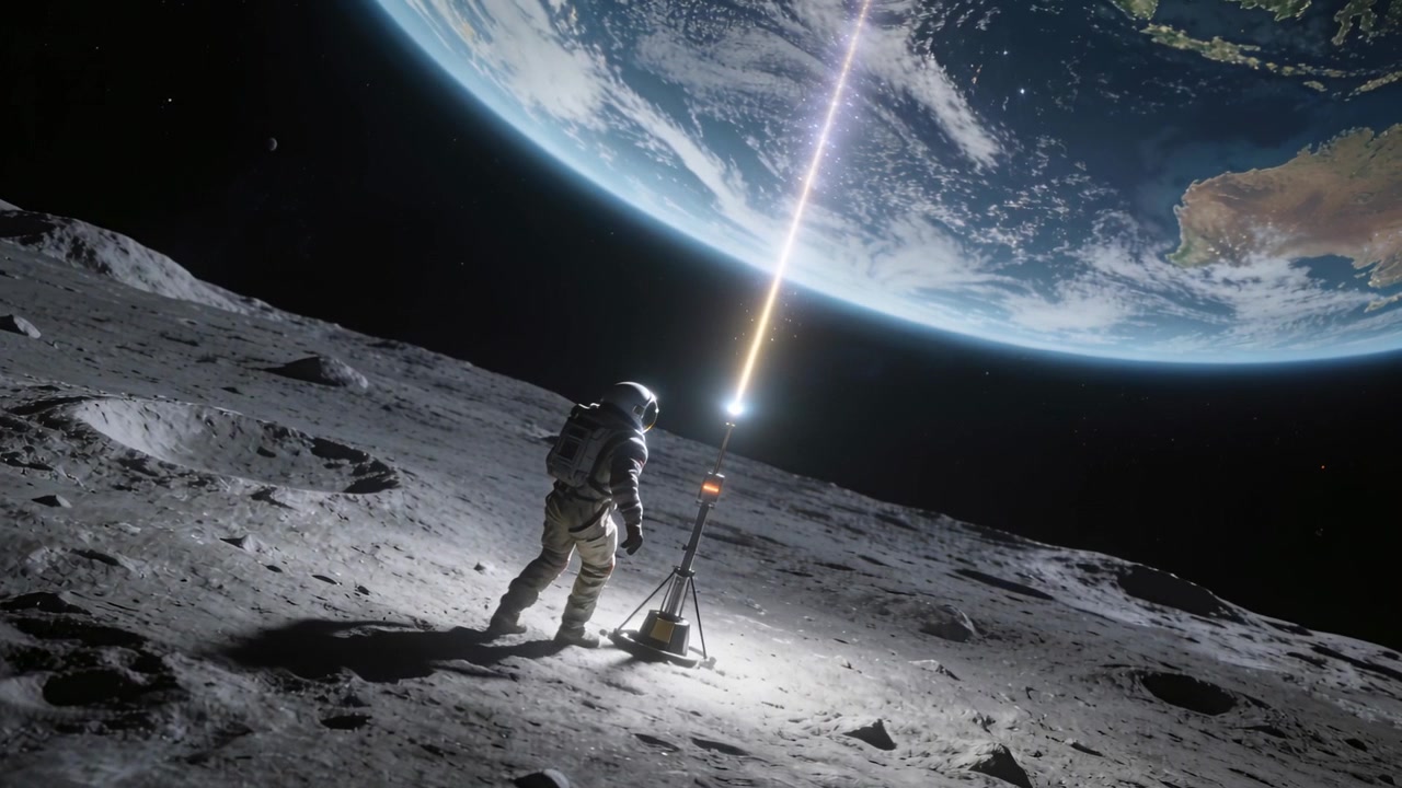 Seguendo un raggio terrestre, un astronauta in tuta spaziale cammina avvicinandosi a un treppiede sulla Luna, regolando i controlli.