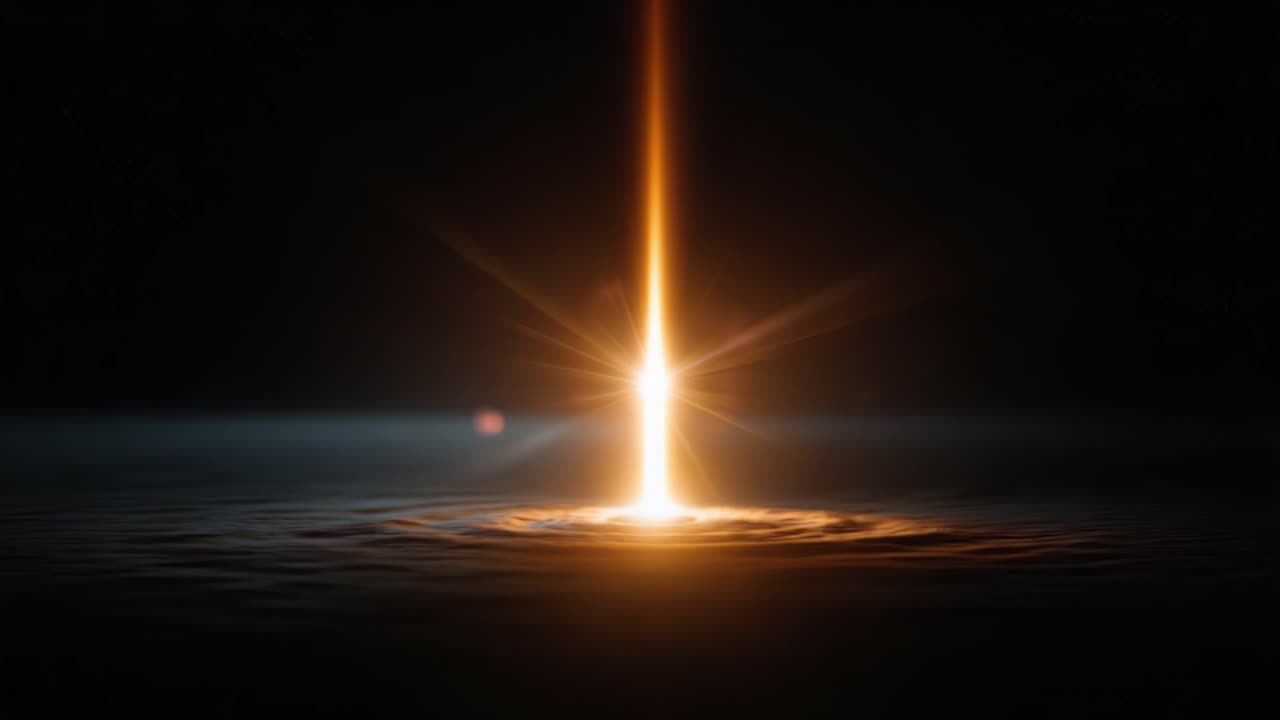 Un raggio di luce etereo emana da una superficie scura, creando immagini ipnotiche di riflessi e bagliori in uno sfondo profondo e misterioso.