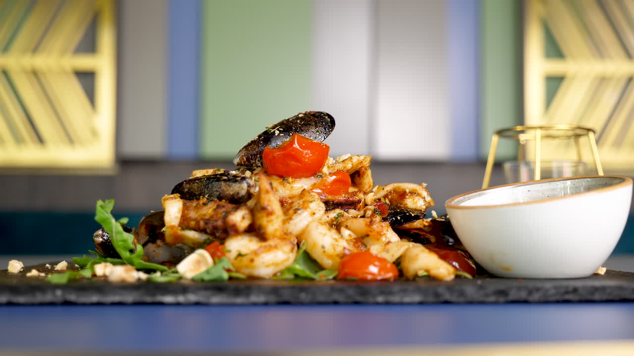Seafood dish with mussels, shrimp, and squid
