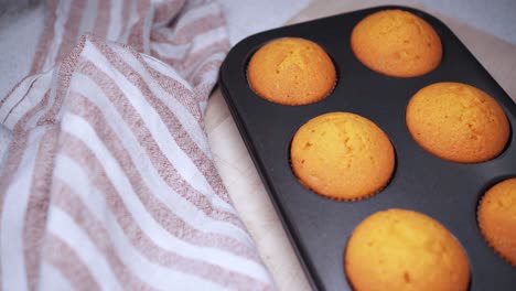 A-metal-cupcake-baking-tray-full-of-fresh-cupcakes-is-placed-on-a-table