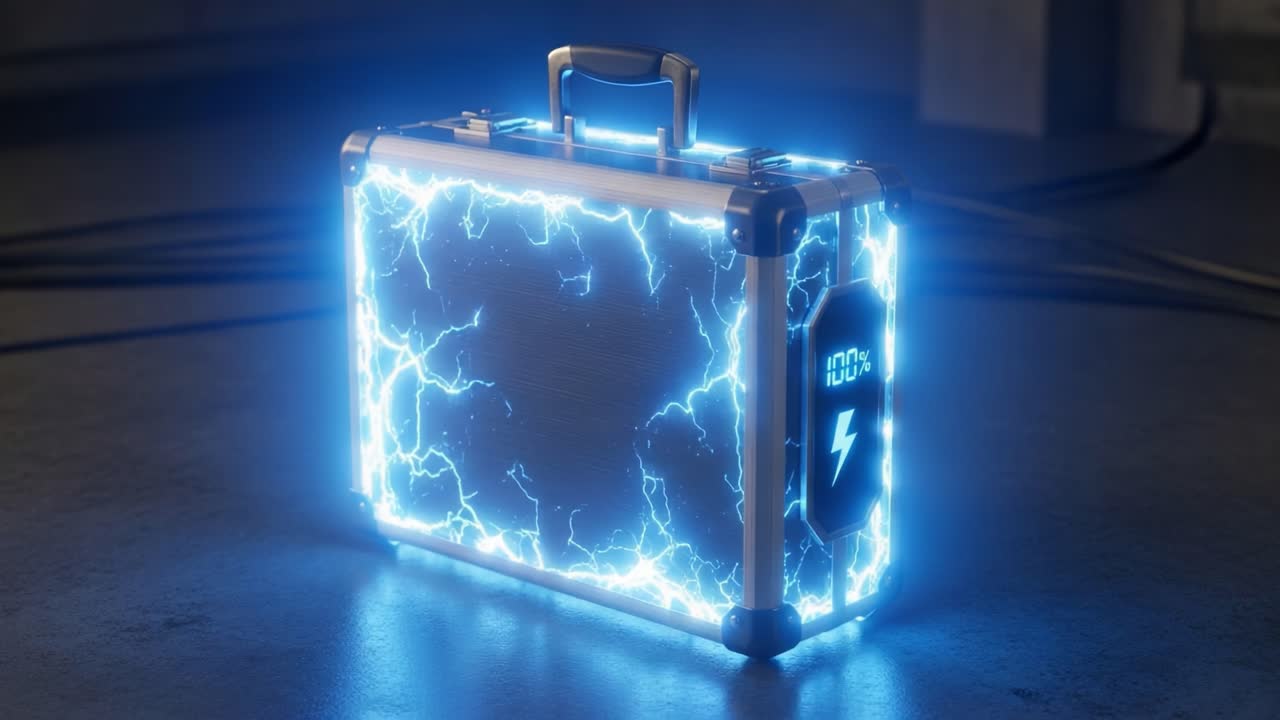 A futuristic power storage device displayed in an industrial setting, illuminated by vibrant electric blue lightning patterns, showcasing advanced technology and energy potential