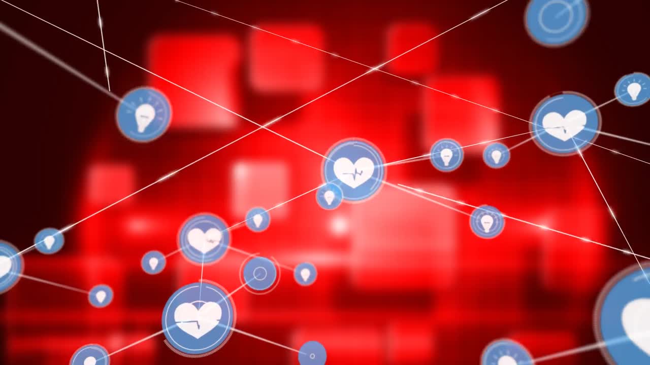 심장 과 전구 아이콘 의 애니메이션 이 흐릿 한  ⁇ 은 빛 을 발하는 상자 위 에 있는 선 들 을 연결 하고 있다