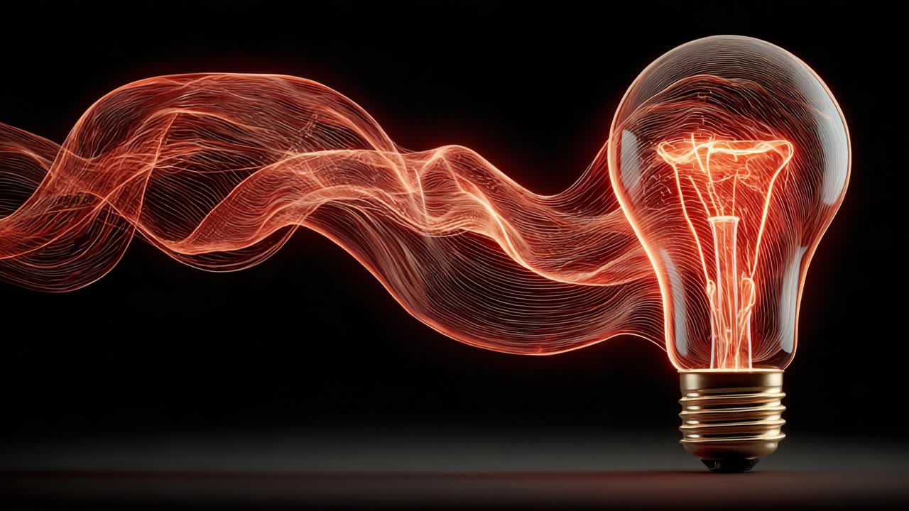 Glowing incandescent light bulb with a visible filament emitting a wave of flowing red energy, representing innovation, creativity, and power on a dark, reflective surface with a black background