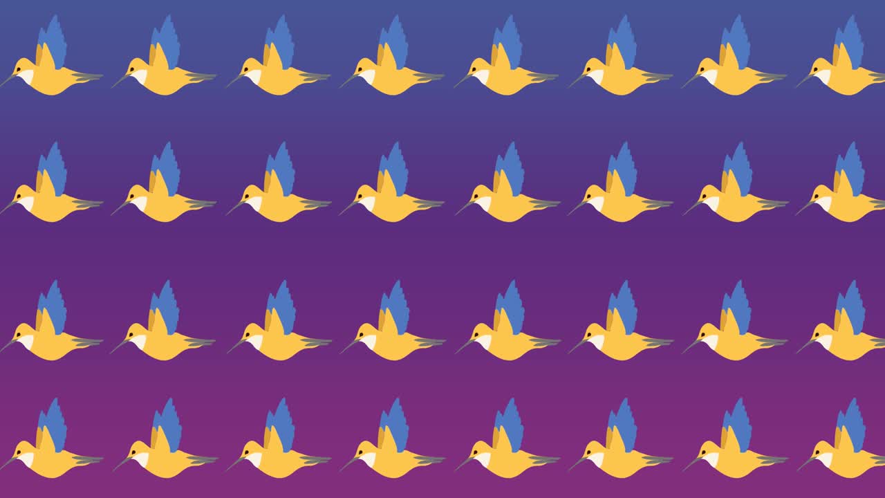 animación de varias aves sobre un fondo púrpura