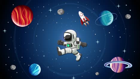 astronauta flotando alegremente entre los planetas animados.