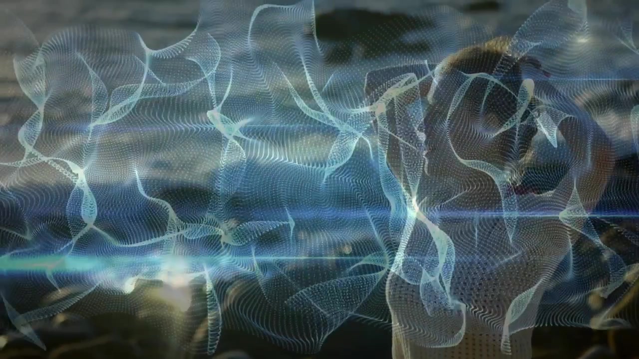 Con una rete oscillante, donna vestita di bianco che si raccoglie i capelli in uno chignon e guarda l'orizzonte in un contesto tecnologico.