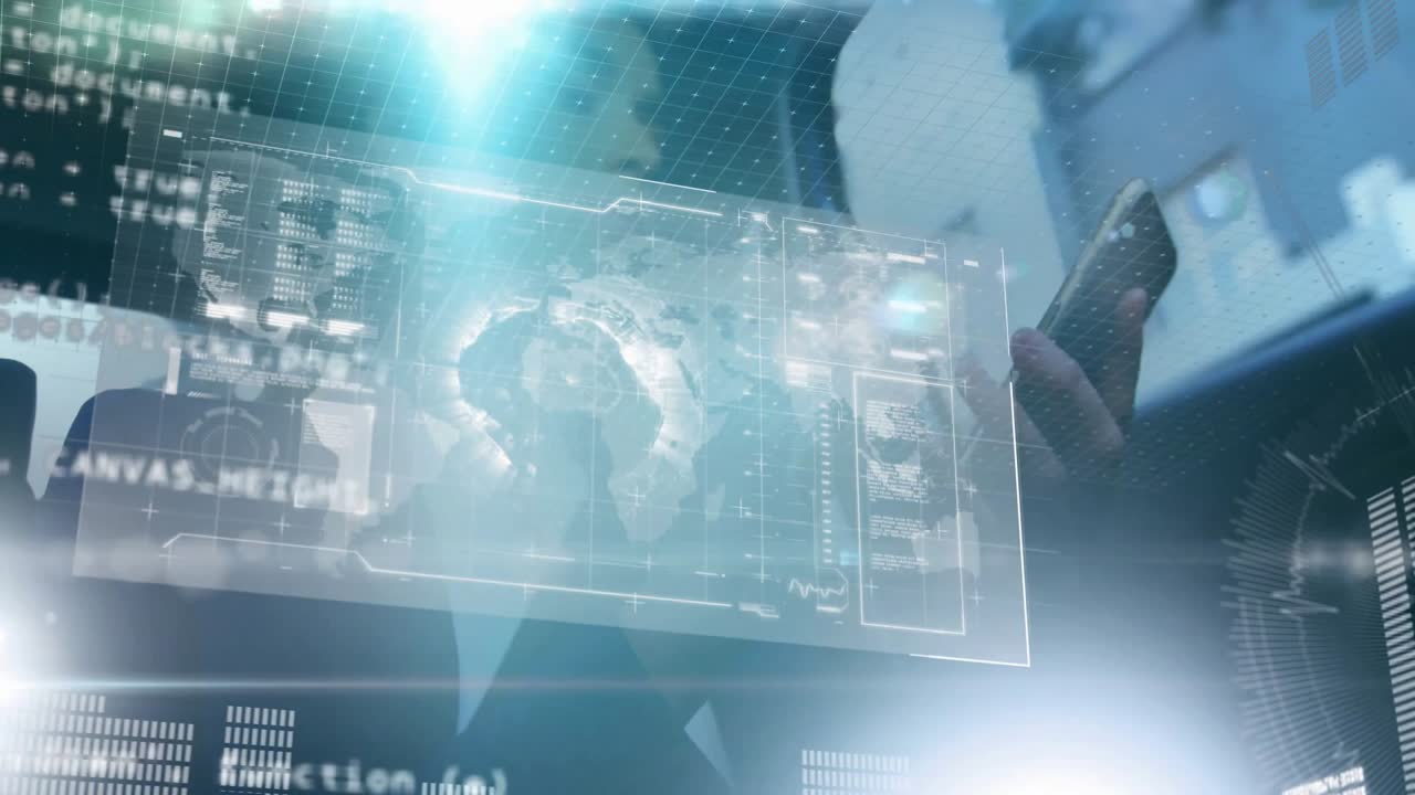 Blue light activating holographic globe UI, manager tapping smartphone and analyzing business data