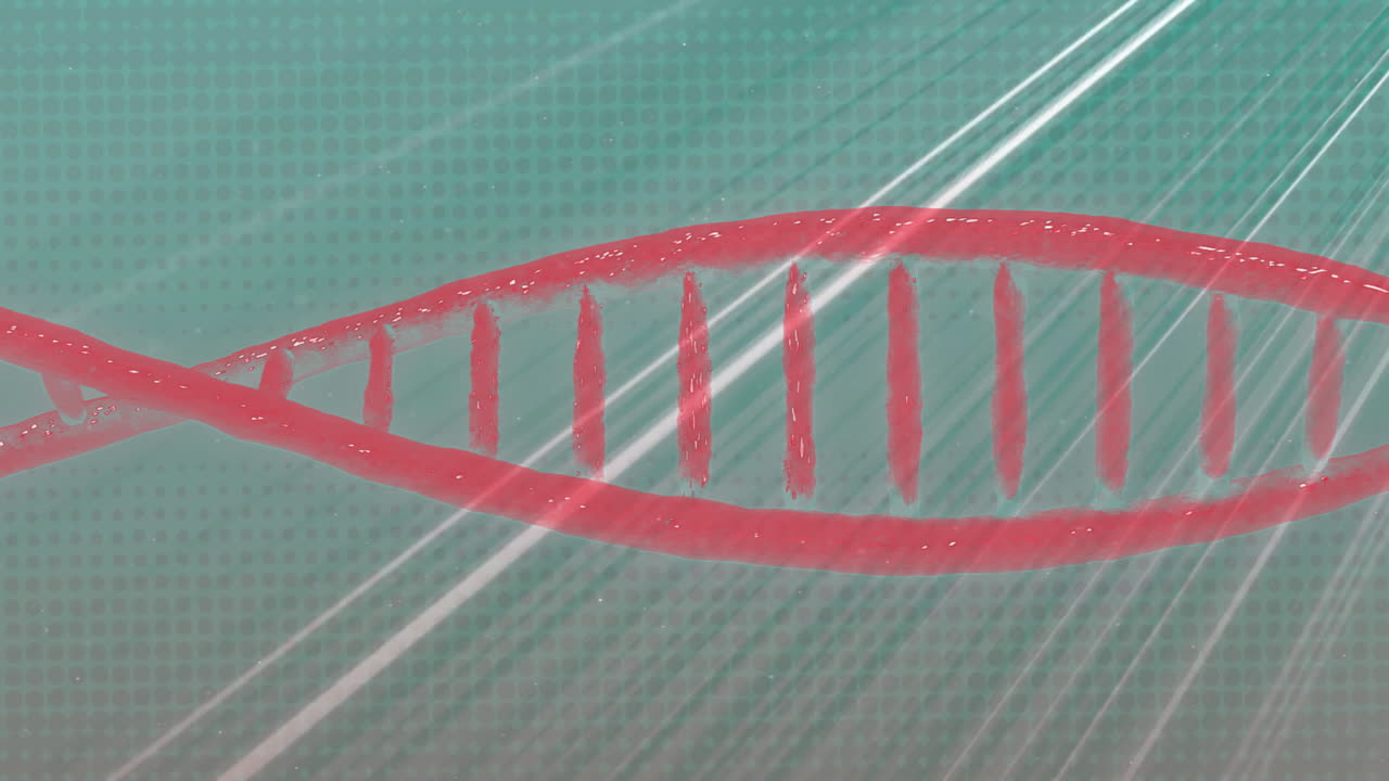 녹색 바탕에 빛의 흔적 위에 회전하는 dna 가닥의 애니메이션