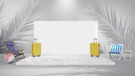 animación de renderización 3d del producto espacio de copia vacío con configuración de luz y concepto de viaje con portátil y maleta en la playa de palmeras tropicales de fondo blanco