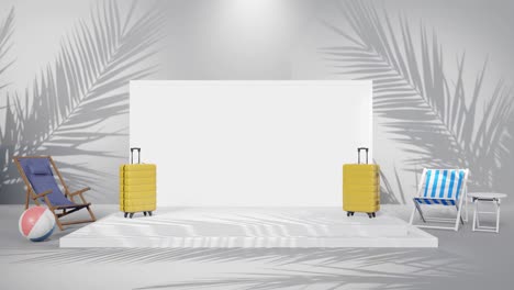 3d rendering animation of product empty copy space with light set up and travel concept with laptop and suitcase on tropical palm beach white background