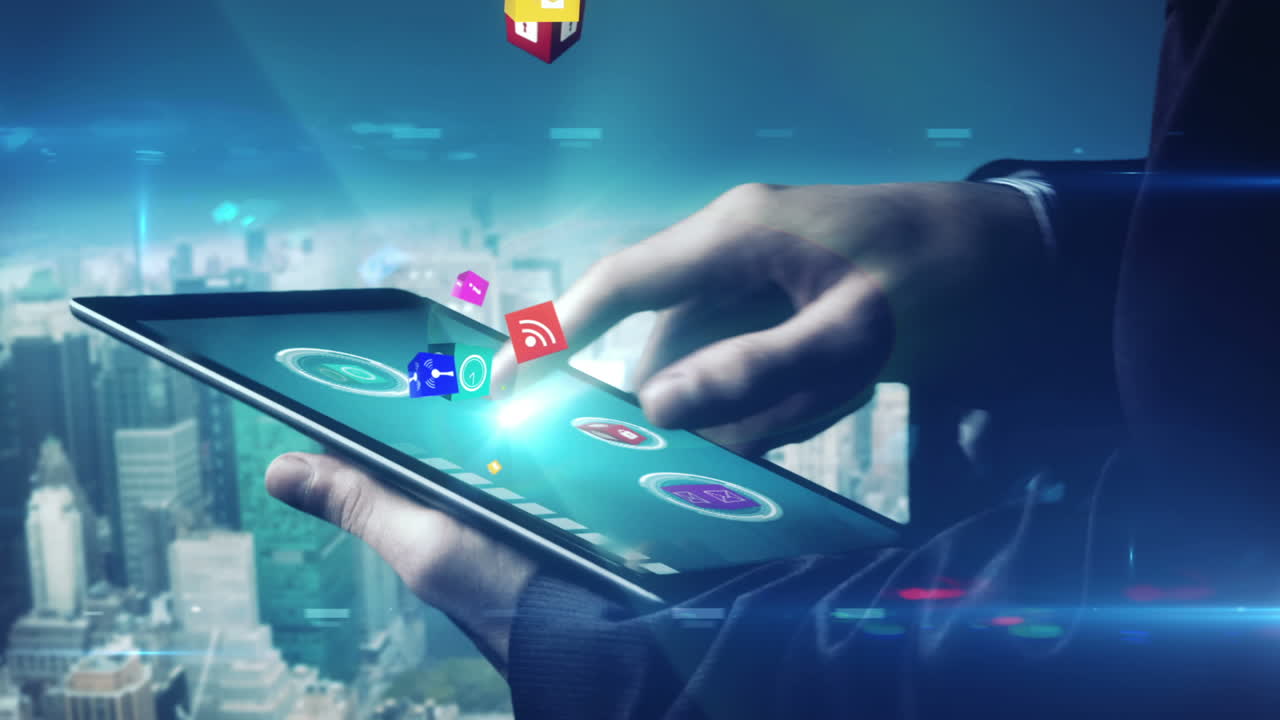 hombre de negocios usando tableta para ver aplicaciones holográficas