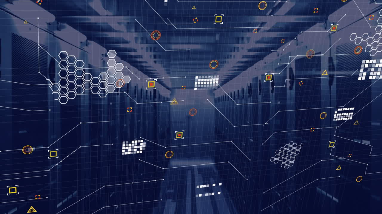 Animation of circuit board pattern, geometric shapes over server racks in server room