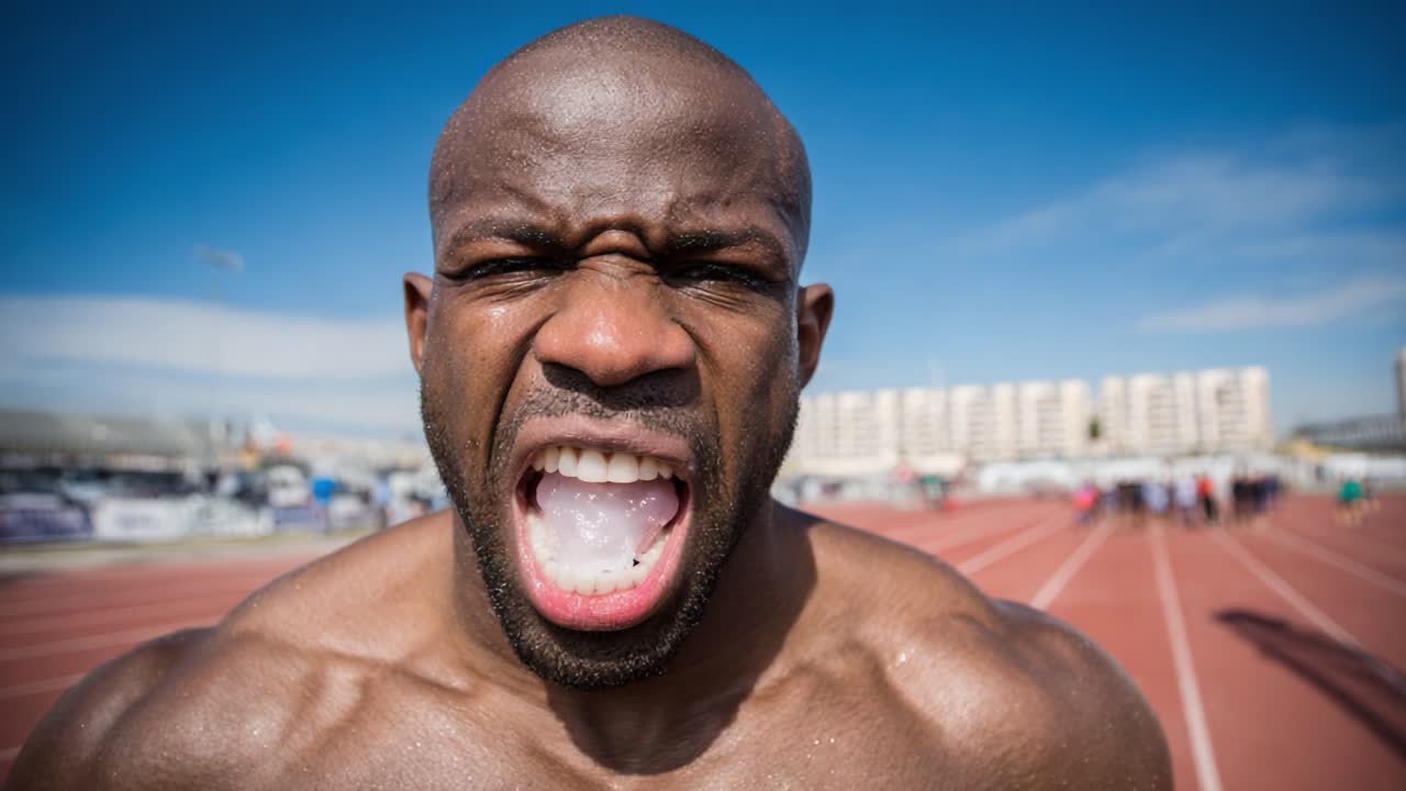 An Intense Athlete Expressing Raw Emotion During a Competitive Moment on the Track, Capturing the Spirit of Determination and Passion for Sports Success