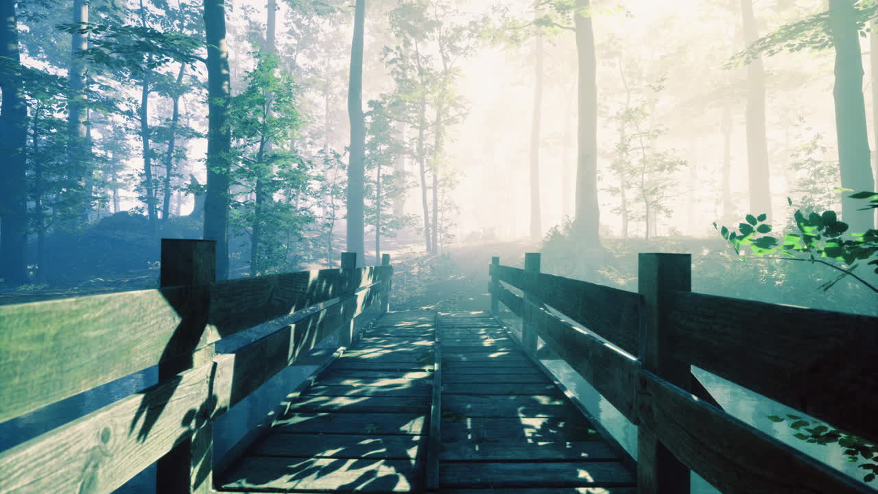 Misty forest pathway with wooden bridge under soft morning light