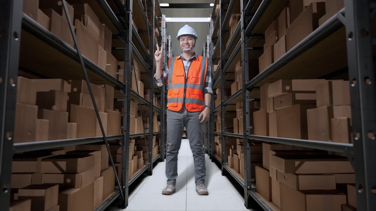 cuerpo lleno de ingeniero masculino asiático con casco de seguridad de pie en el almacén con estantes llenos de bienes de entrega. sonriendo y mostrando gesto de paz en el almacenamiento