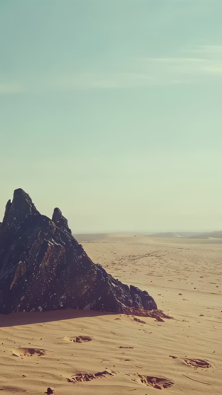 Video verticale: fotocamera che zooma e inquadra una roccia frastagliata al centro di una pianura sabbiosa, rivelando delle increspature