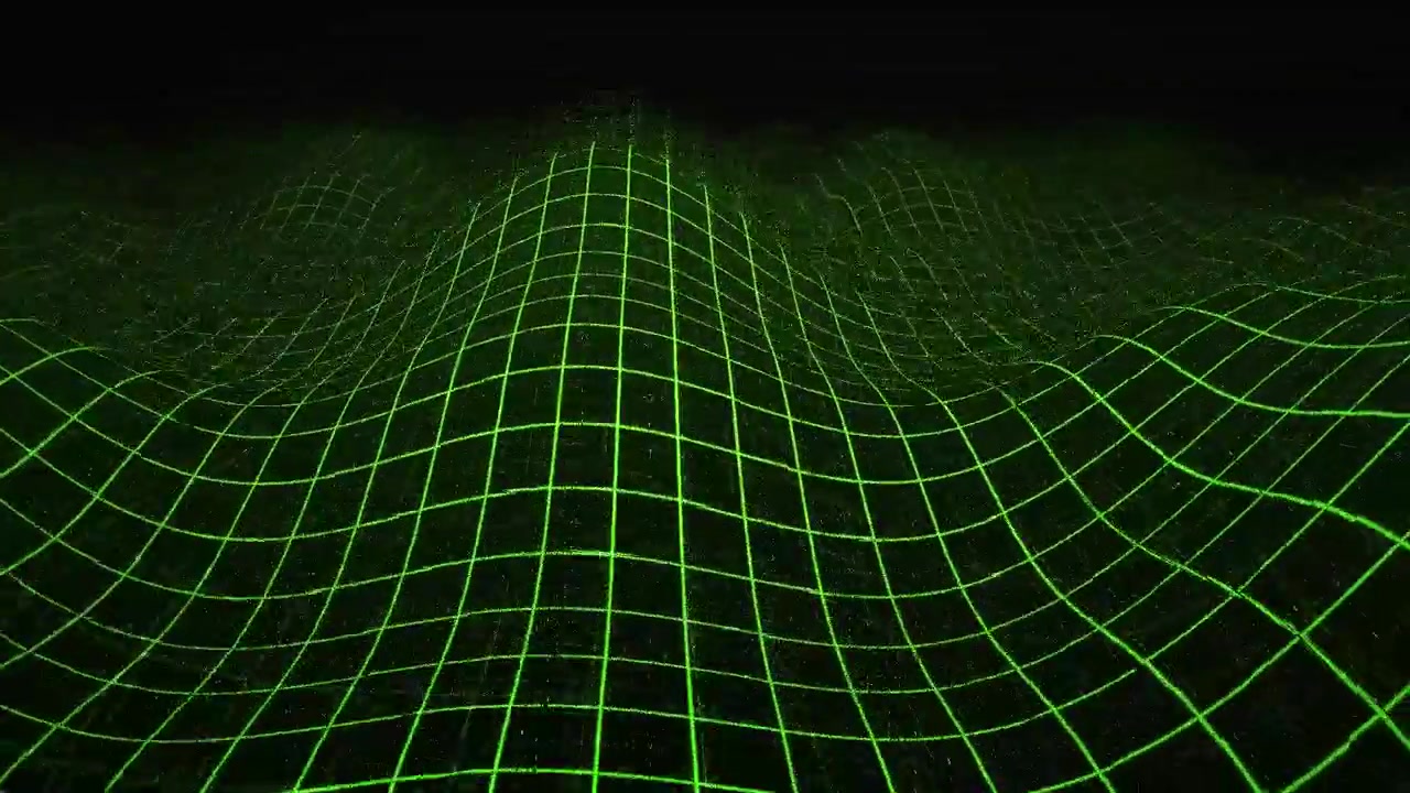 Dynamic Green Wireframe Grid Undulating on Black Background