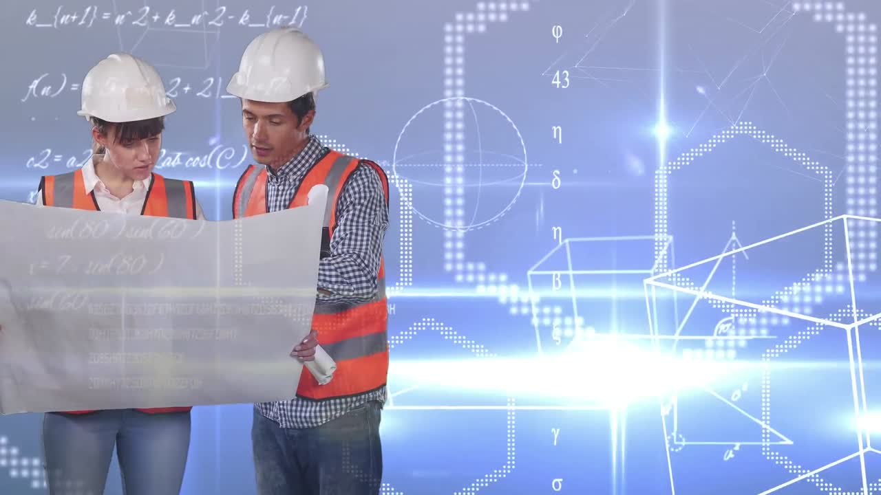 animazione di equazioni matematiche su lavoratori caucasici con schema