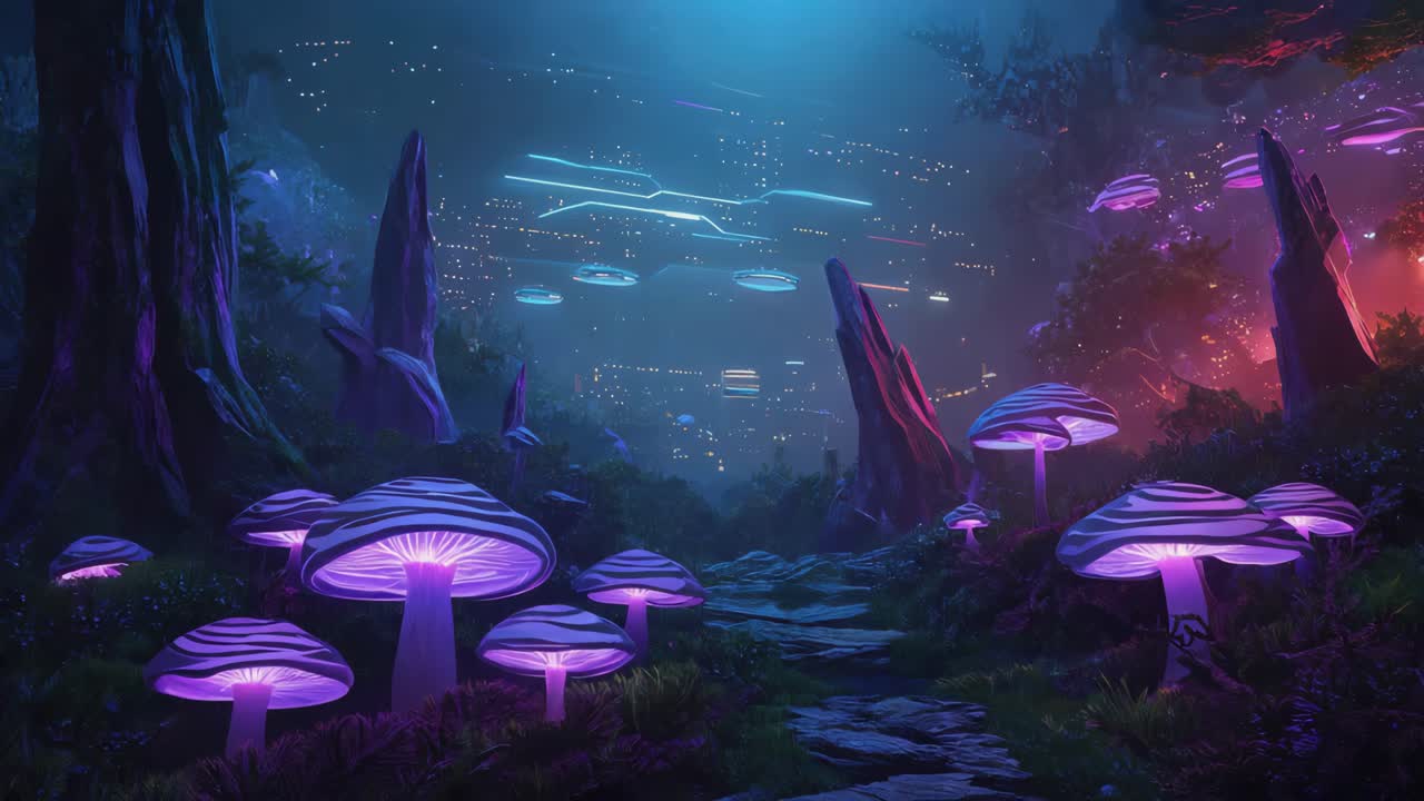 Futuristic Forest with Glowing Mushrooms and Flying Saucers