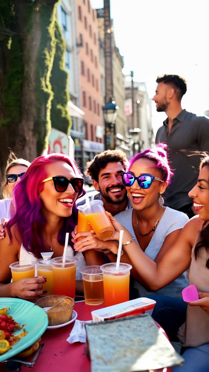 Friends enjoying fresh orange juice at an outdoors bar.