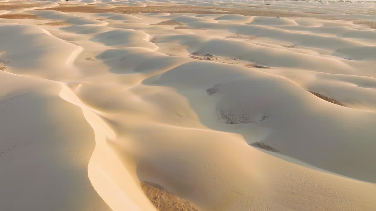 Famous Zahek Sand Dunes At Sunset In Socotra Island, Yemen. Low Aerial Shot