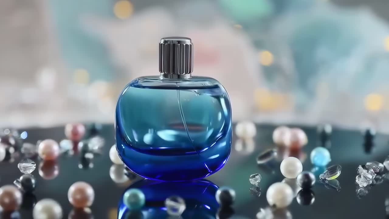 Video elegante di una boccetta di profumo blu su una superficie riflettente, ripreso all'altezza degli occhi.
