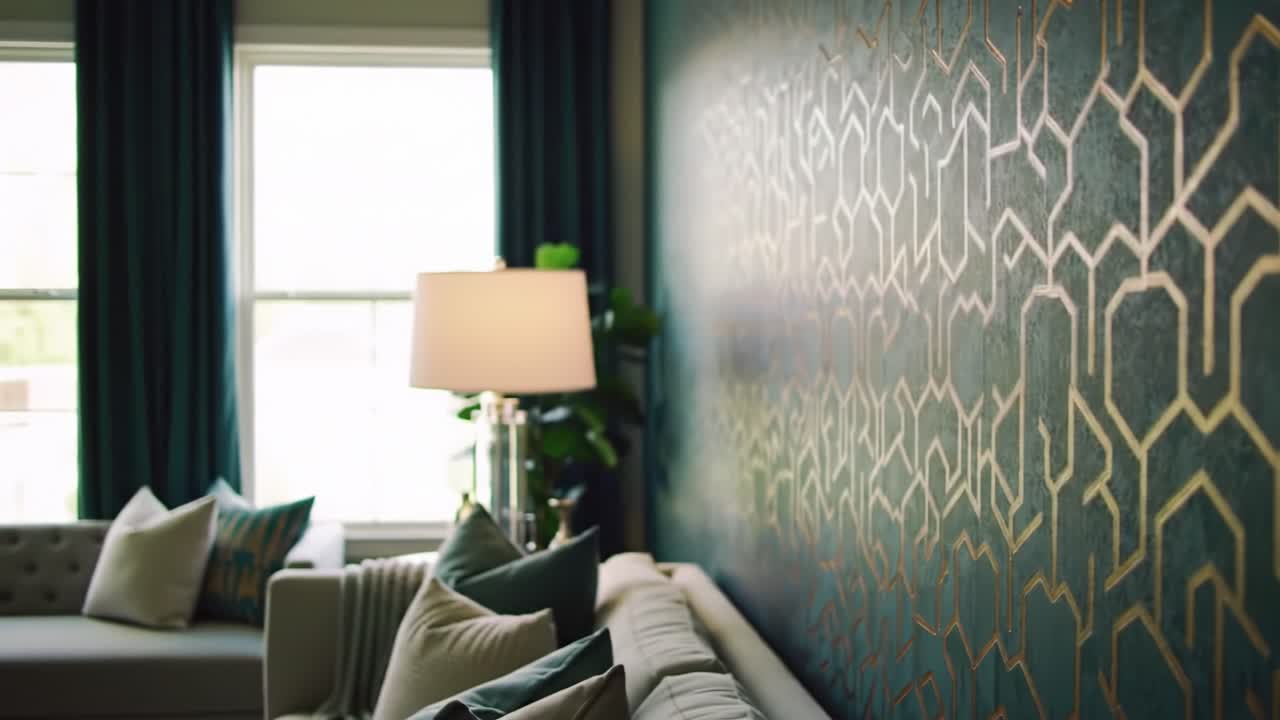 Elegant Living Room with Decorative Wall, Cozy Couch, and Tasteful Plant Accents Bringing Together Modern Design and Comfort in a Serene Atmosphere