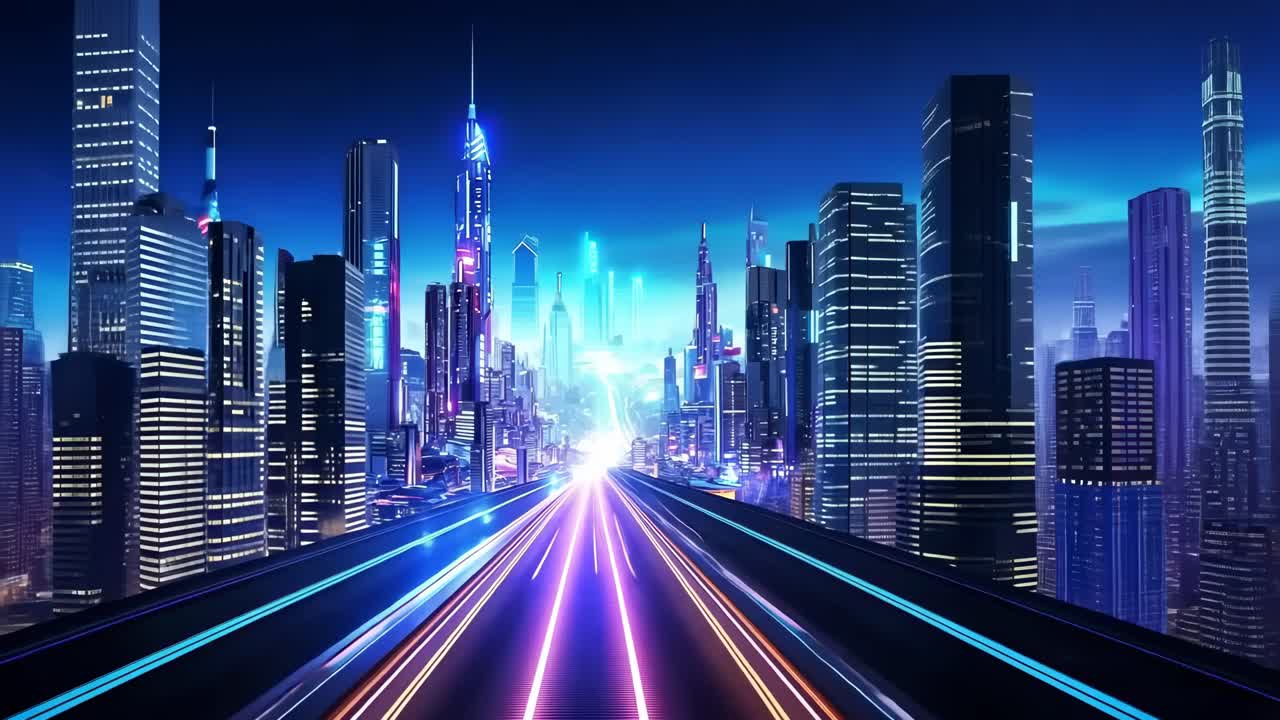Futuristic cityscape with neon lights, viewed from a low-angle, creating a dynamic, sci-fi video