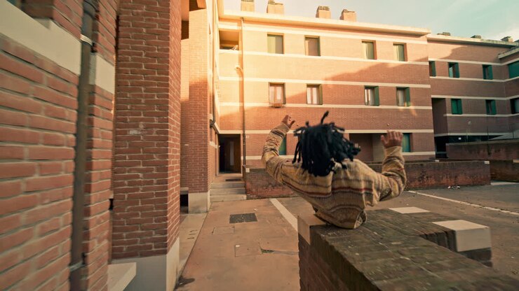 Person walking and jumping in urban setting