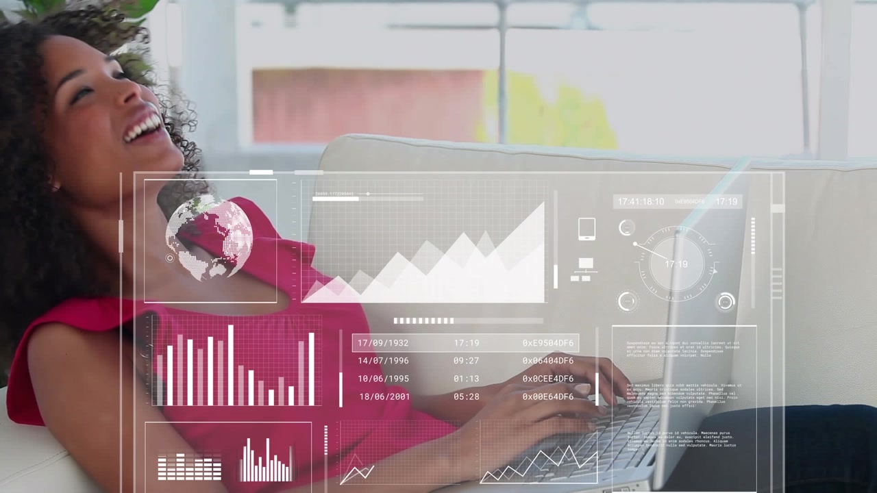 Animation of data processing over happy woman using laptop