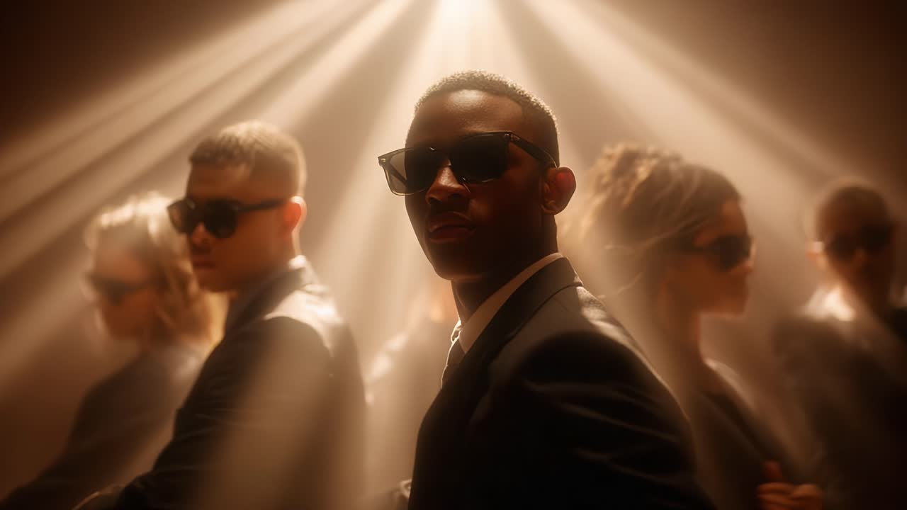A Dramatic Showcase of Elegance: Group of Stylish Individuals Dressed in Black Suits and Sunglasses Posing Under Stunning Lighting Effects, Exuding Confidence and Charisma